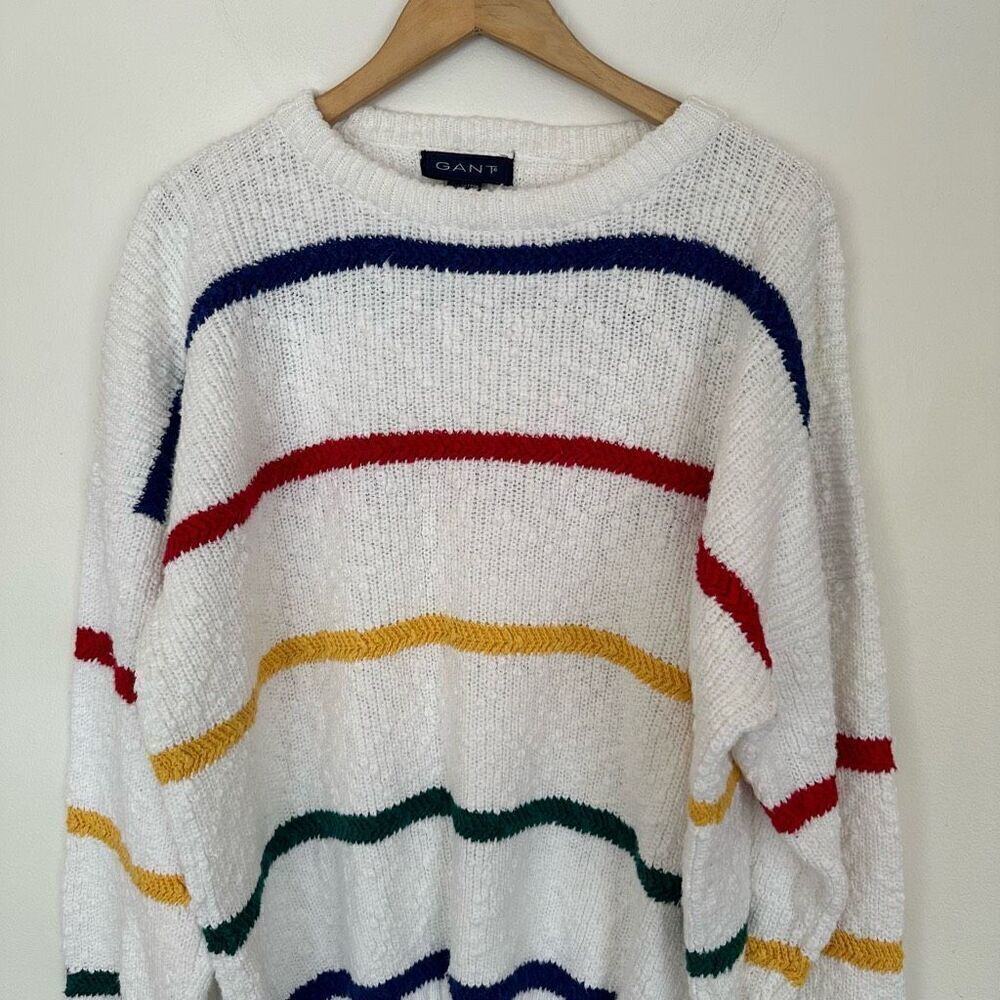 Gant Vintage Men’s Textured Oversized Cotton Primary Rainbow Stripe Grandpa Swea - Picture 5 of 11